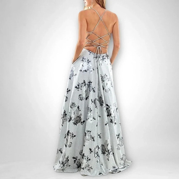 City Studios Juniors Lace-Up Floral Glitter Silver Charcoal Ball Gown size 0 & 1 - Picture 2 of 15
